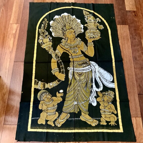 Vintage Batik Tapestry – Hindu Goddess & Attendants – Gold on Brown 30” x 45” - Picture 4 of 12